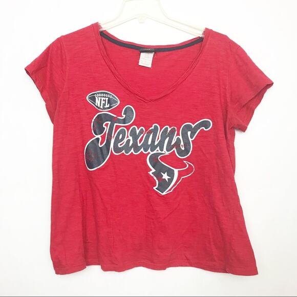 NFL Apparel Texans Womens Football T-Shirt Size Large Red V-Neck Distressed Tee - Picture 1 of 8